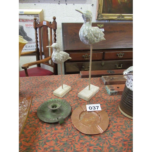 37 - Vintage candle holder copper ashtray plus 2 decoy Ducks.