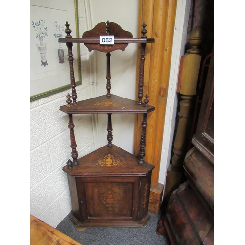 52 - Victorian mahogany inlaid 3 tier corner whatnot with cupboard compartment on bottom.  H:132xm, W:60c... 