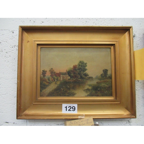 129 - Oil on canvas Signed George Russell.  - Stroll by the river.  32cm x 22xm.