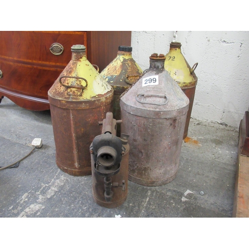 299 - 4 Antique oil drums plus large antique blow lamp.