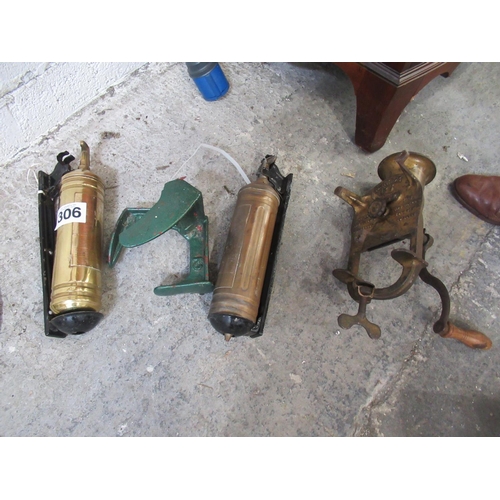 306 - Job lot - 2 antique fire extinguisher, antique shoe last, plus Kenrich no 3 mincer.