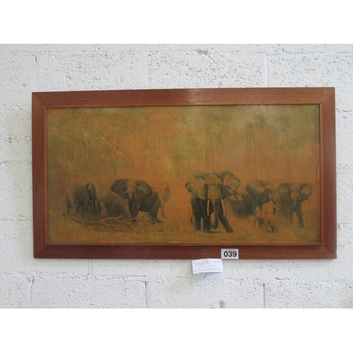39 - Oil on board - Elephants by Davis Shepard 1962. 100cm x 50cm.