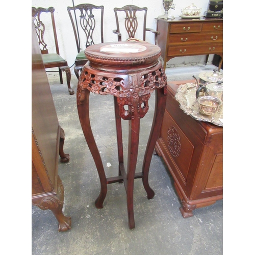 452 - Highly carved mahogany marble top plant stand.  H:92cm