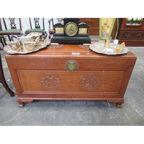 454 - Large highly carved camphor wood chest.  110cm x 62cm x 56cm.