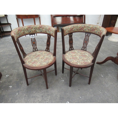 460 - Pair of edwardian inlaid mahogany tapestry covered tub chairs.