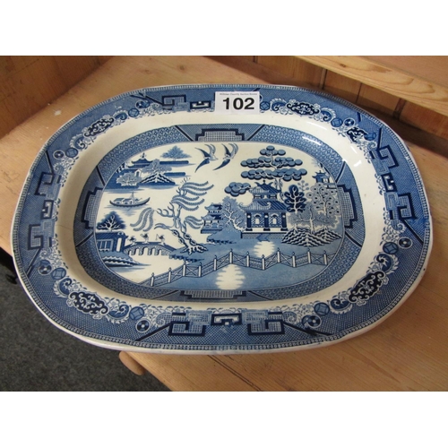 102 - Large oval blue and white meat platter.