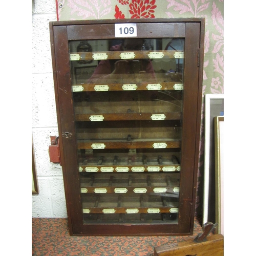 109 - Antique collectors cabinet.  H:76cm, W:47cm, D:13cm.