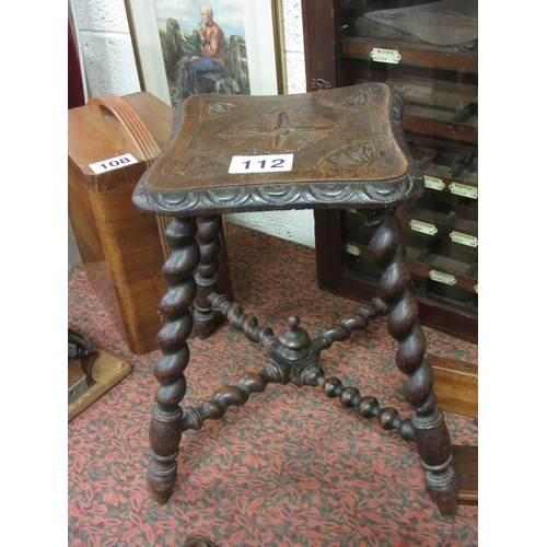 112 - Antique oak stool on barley twist support and stretcher base, H:46cm