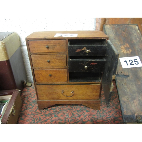 122 - Antique miniature cupboard with drawers.  H:28cm, W:23cm, D:10cm.