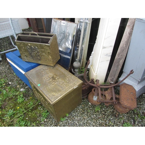 144 - Good job lot - 3 fenders one cast iron, cast iron scales , brass log box, brass magazine rack, dog c... 