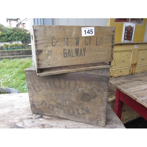 145 - 2 pine wooden crate - C M W Company Ltd Galway plus Gordons Dry Gin Distillery London.