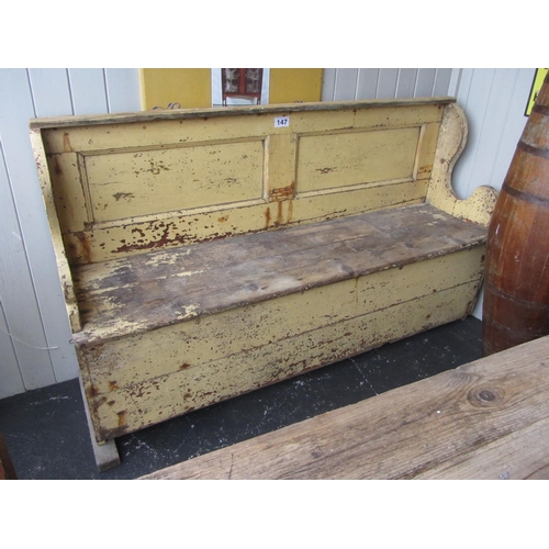 147 - Antique painted pine settle bench.  H:110cm, L:183cm.