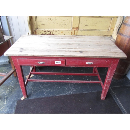 148 - Good Antique pine scrub top table on stretcher base with 2 drawers.  L:135cm, D:67cm.