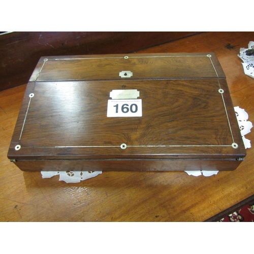 160 - Victorian Rosewood Mother of Pearl inlaid writing slope.  H:9cm W:41cm, D:26cm.