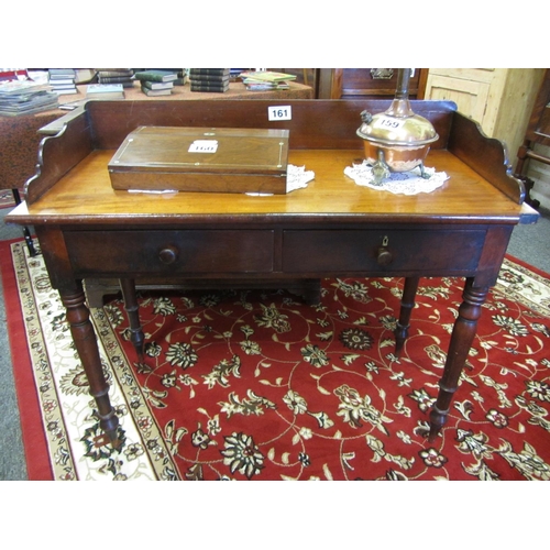 161 - Victorian mahogany tray back 2 drawer side table.  H:92cm, W:112cm, D:52cm.