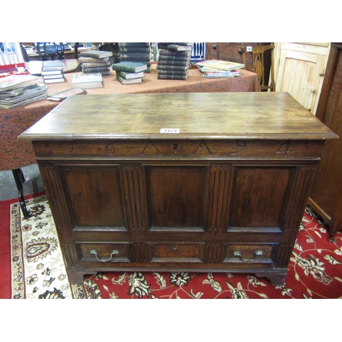 164 - Antique 18th century Elm Mule chest with drawer.  H:78cm, W:110cm, D:52cm.