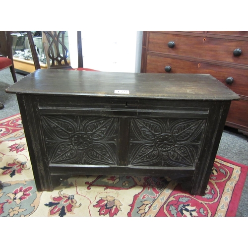 179 - 18 century carved oak coffer.  H:50cm, W:104cm, D:40cm.