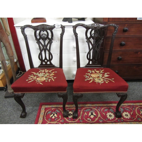 181 - Good Pair of mahogany Chippendale style tapestry covered chairs.