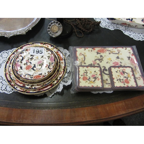 195 - 7 Masons hand painted plates plus coasters and place mats.