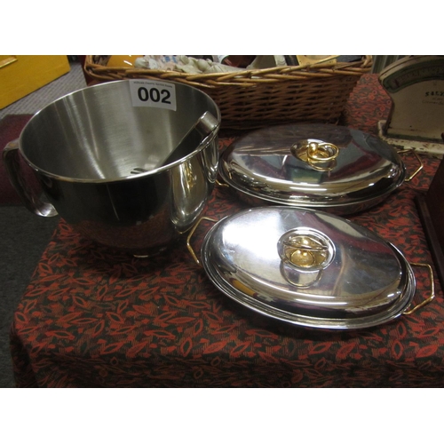 2 - Stainless steel mixing bowl and tongs plus 2 stainless steel tureens and lids.