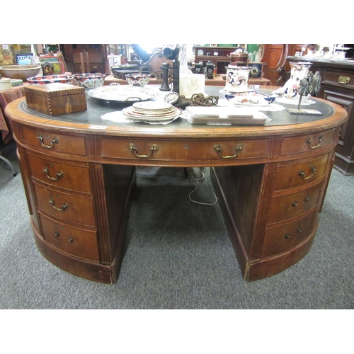 203 - George iii style oval Walnut leather top Library desk.  H:79cm, Top:189cm x 140cm.