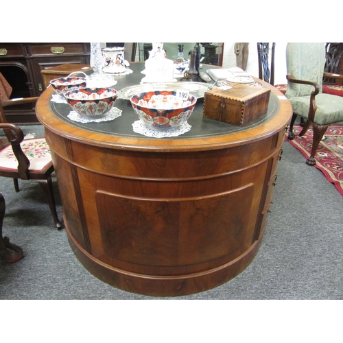 203 - George iii style oval Walnut leather top Library desk.  H:79cm, Top:189cm x 140cm.