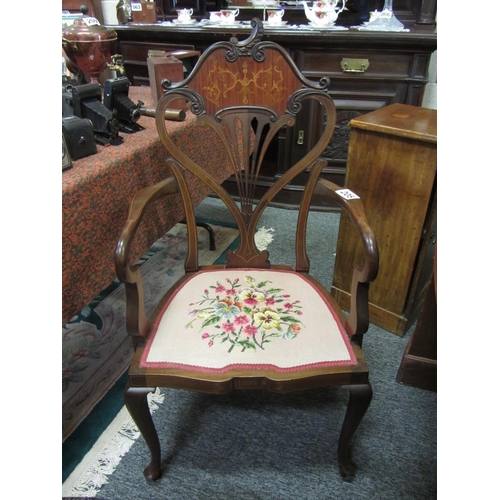 205 - Edwardian mahogany inlaid tapestry covered armchair.