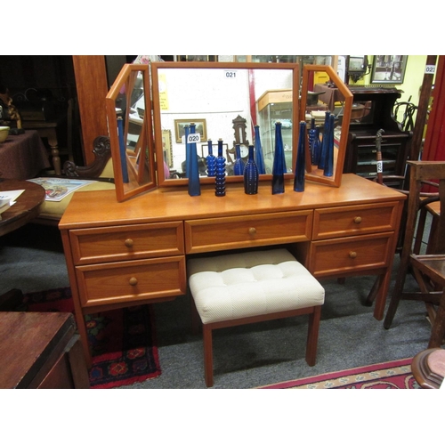 21 - Teak G Plan 5 drawer mirror back dressing table with matching stool.  H:130cm, W:150cm, D:46