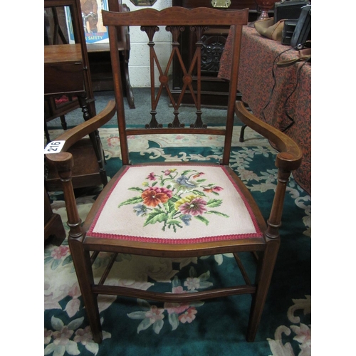 216 - Edwardian mahogany inlaid armchair with tapestry seat.