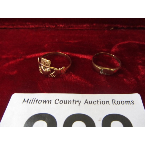 223 - 2 9ct gold ladies rings - Claddagh plus another.