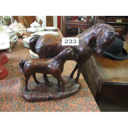 233 - Mare and Foal mounted on stand - signed,  H:32cm, W:35cm.