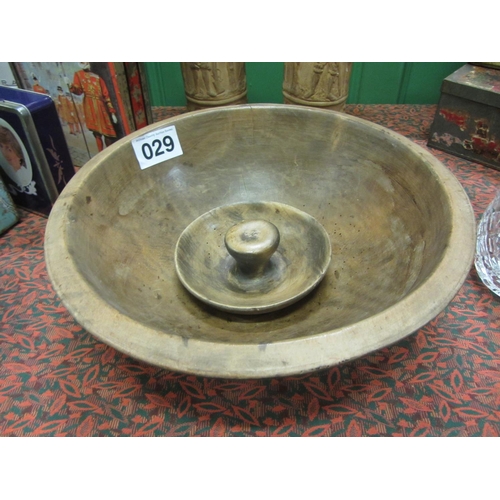 29 - Antique wooden butter bowl and paddle. Diameter of bowl - 41cm.