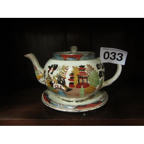 33 - Antique hand painted tea pot on stand.