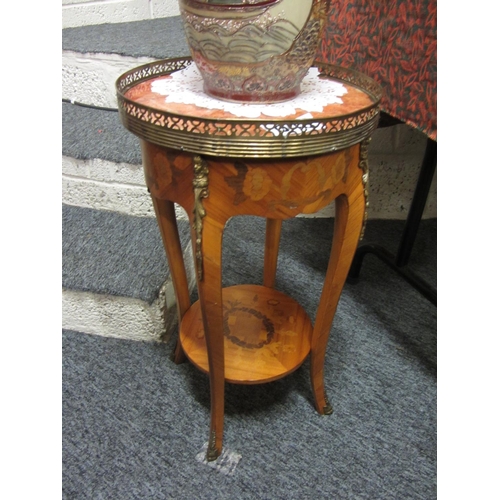 43 - Marble top 2 tier occasional table with brass gallery rail.  H:60cm, Diameter of top:33cm.