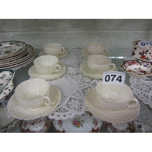 74 - Good set of 6 Black Stamp Belleek cups and saucers.