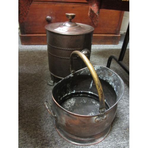 8 - Vintage copper coal bucket plus coal helmet.