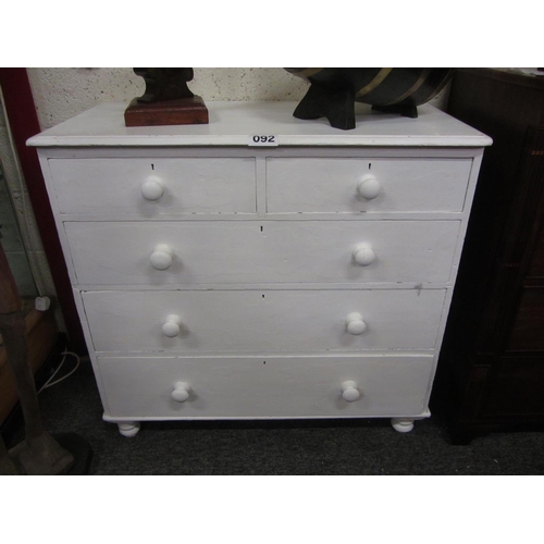 92 - Antique painted pine chest of 5 drawers on bun feet. H:97cm, W:103cm, D:51cm.