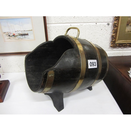 93 - Good victorian brass bound oak coal helmet with brass handle.