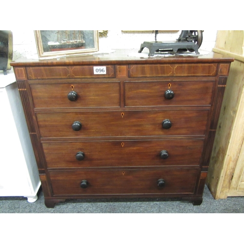 96 - Georgian mahogany inlaid 5 drawer chest with reeded columns.  H:108cm, W:118cm, D:54cm.