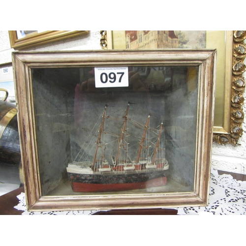 97 - Model ship in display case. H:33cm, W:39cm, D:15cm.