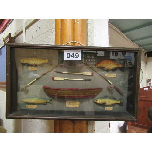 49 - Framed cased fishing advert. 51cm x 28cm.