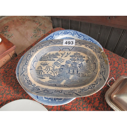 493 - 2 antique blue and white meat platters.