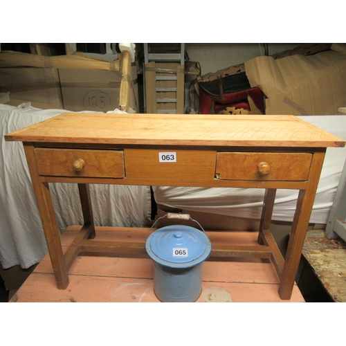 63 - Antique pine stretcher base table with 2 drawers opening both sides.  L:123cm, D:50cm.