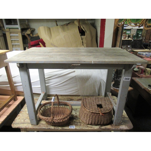 68 - Antique pine stretcher base table.  L:122cm x 70cm.