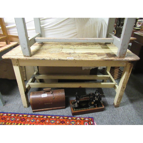 70 - Antique pine double stretcher kitchen table. L:145cm x 67cm.