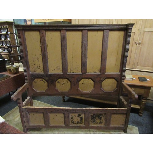 206 - Antique pine paneled back Irish settle bench in original paint.