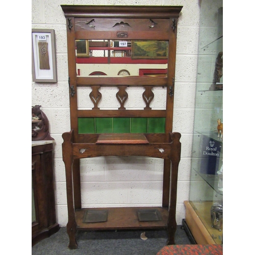 197 - Victorian oak art deco mirror and tile back hallstand.  H:190cm, W:87cm, D:28cm.