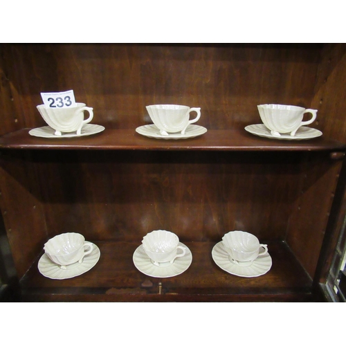 233 - 6 Black stamped Belleek Cups and Saucers - 2 slightly chipped.