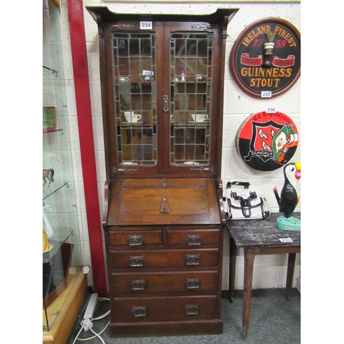 234 - Good Oak art deco bureau bookcase with 2 leaded glass doors and 5 drawers.   H:190cm, W:69cm, D:42cm... 