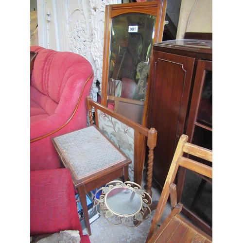 1 - Bevelled wall mirror, fire screen stool etc.